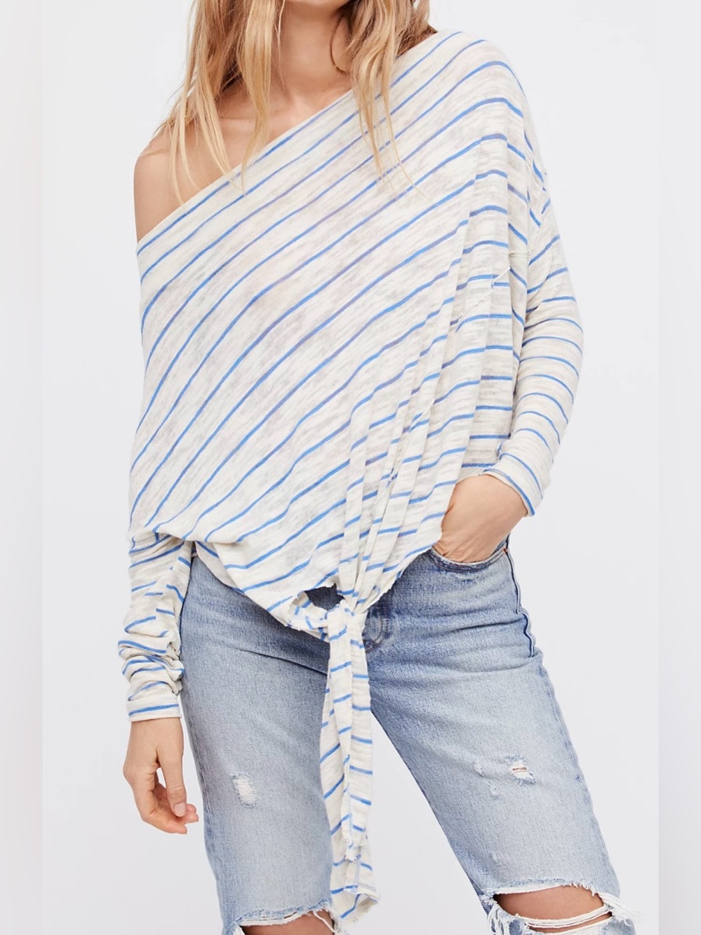 We The Free Gray and Light Blue Striped Off‑Shoulder Tie Front Tee - Size S